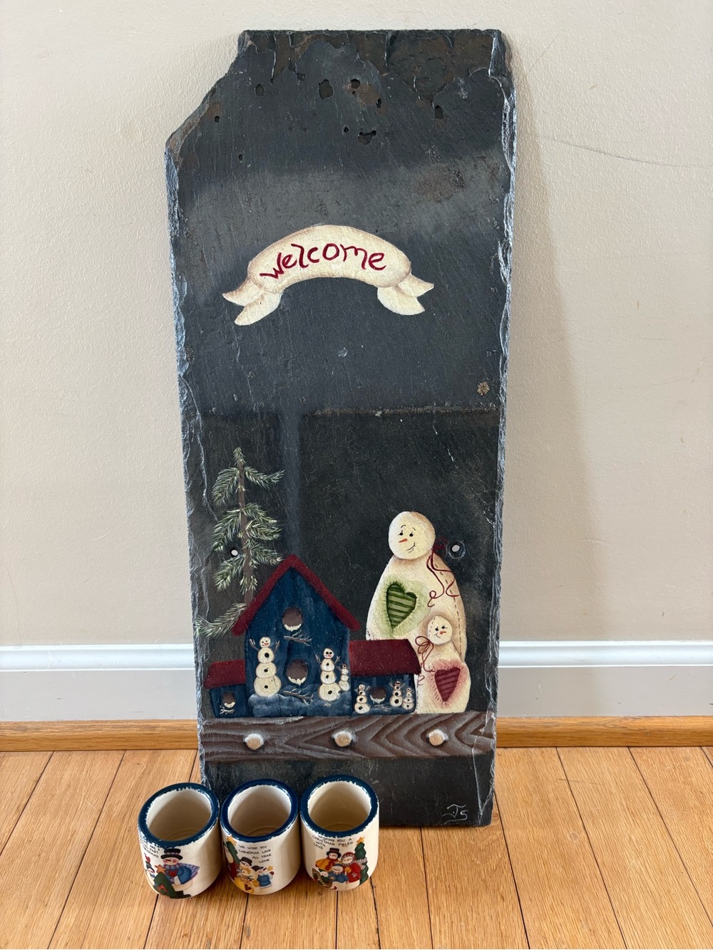 Hand painted Welcome Slate and set of Ceramic Holiday votive candle holders